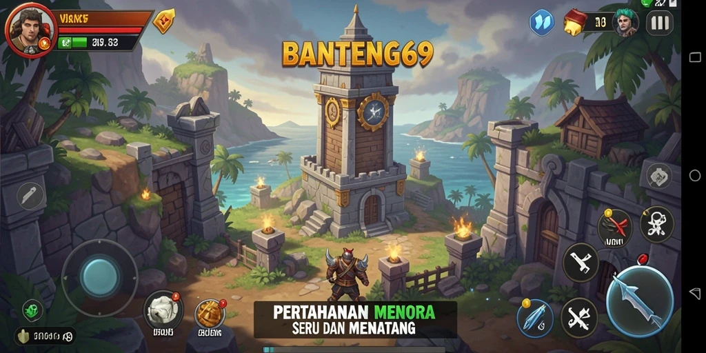 Screenshot gameplay BANTENG69 yang menunjukkan suasana pertempuran menara.
