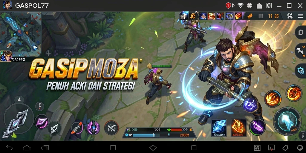 Screenshot utama GASPOL77 menampilkan pertempuran seru di arena MOBA.