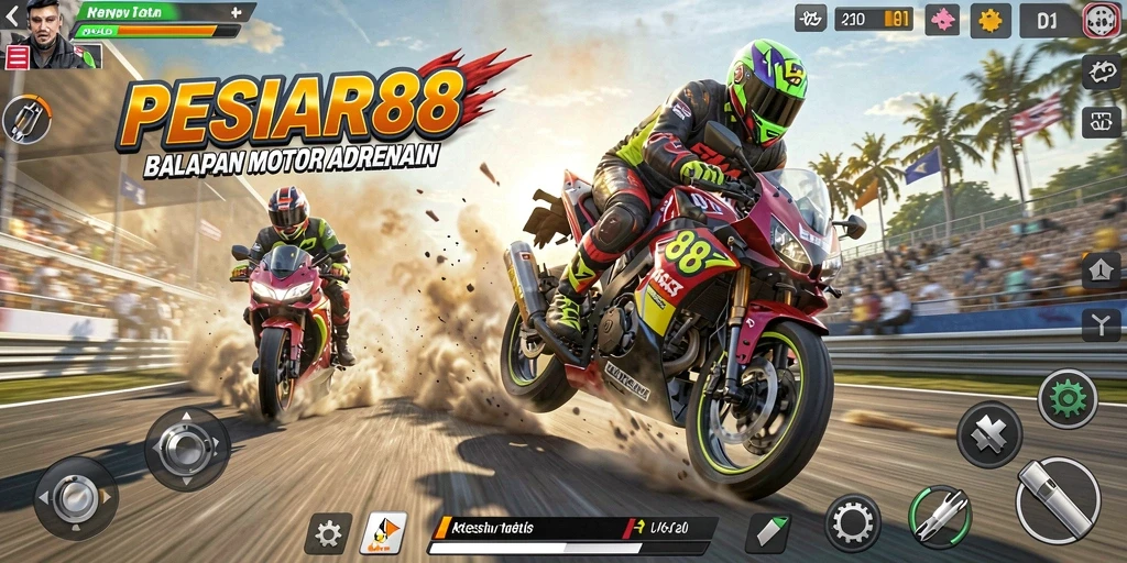Gameplay PESIAR88 yang menampilkan balapan motor yang seru dan menegangkan.