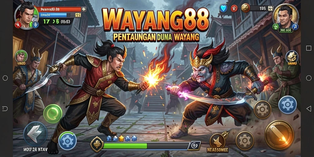 Screenshot utama WAYANG88 menampilkan aksi pertarungan yang intens dan dinamis.